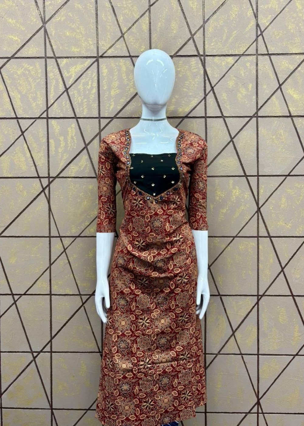 Premium Cotton A-Line Ajrak Aariwork Kurti with Elegant