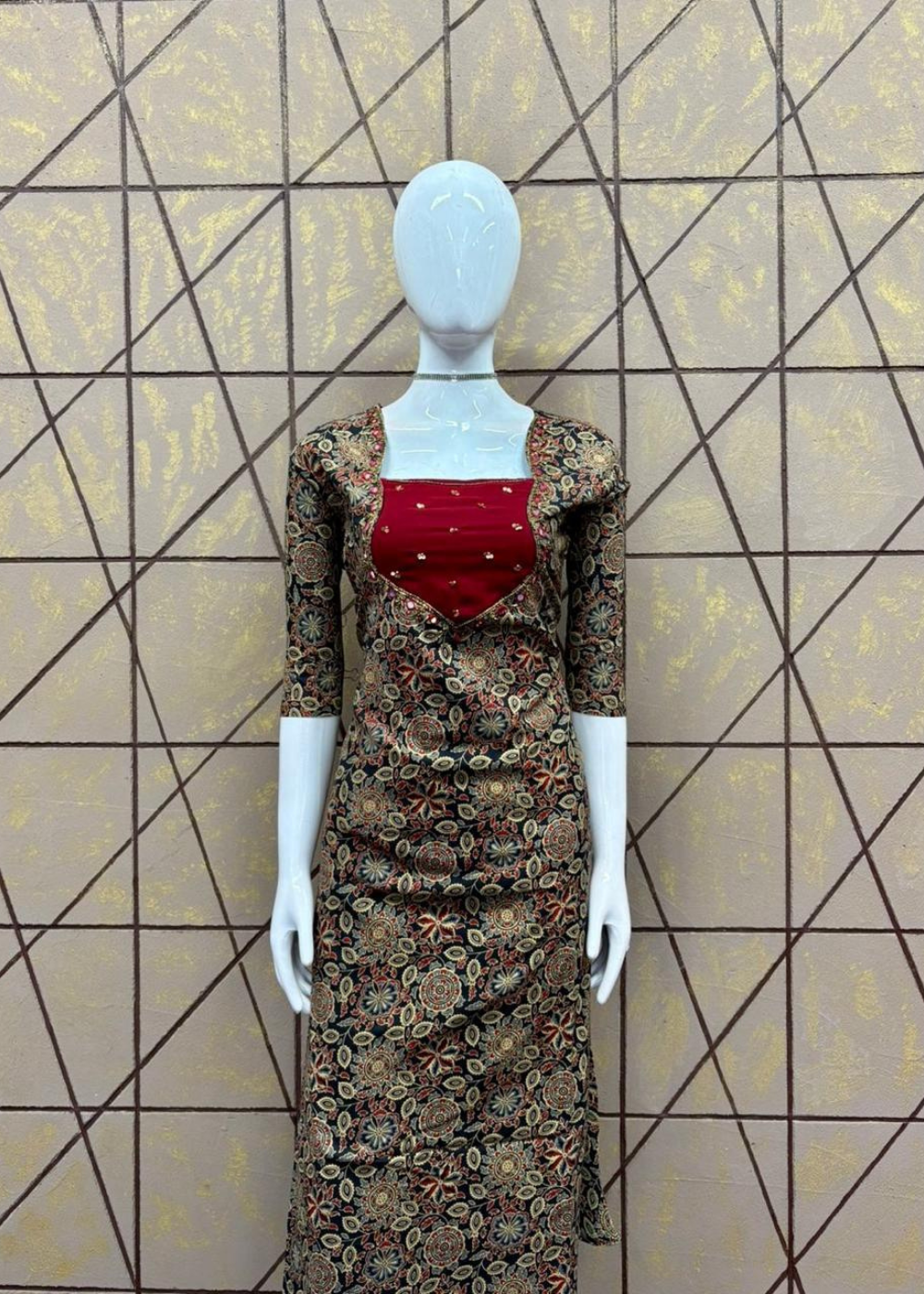 Premium Cotton A-Line Ajrak Aariwork Kurti with Elegant
