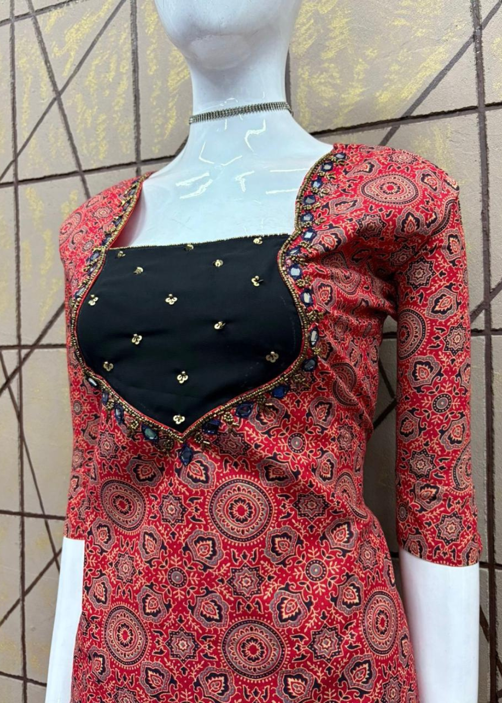 Premium Cotton A-Line Ajrak Aariwork Kurti with Elegant