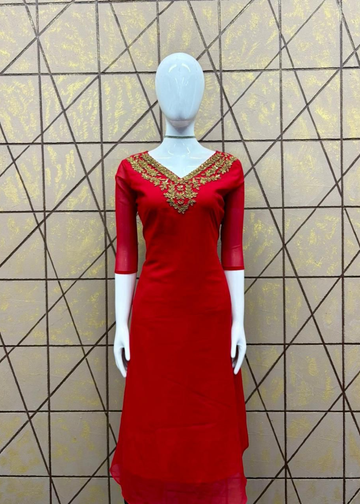 A-Line Kurti with Jewel Haram Neck Pattern
