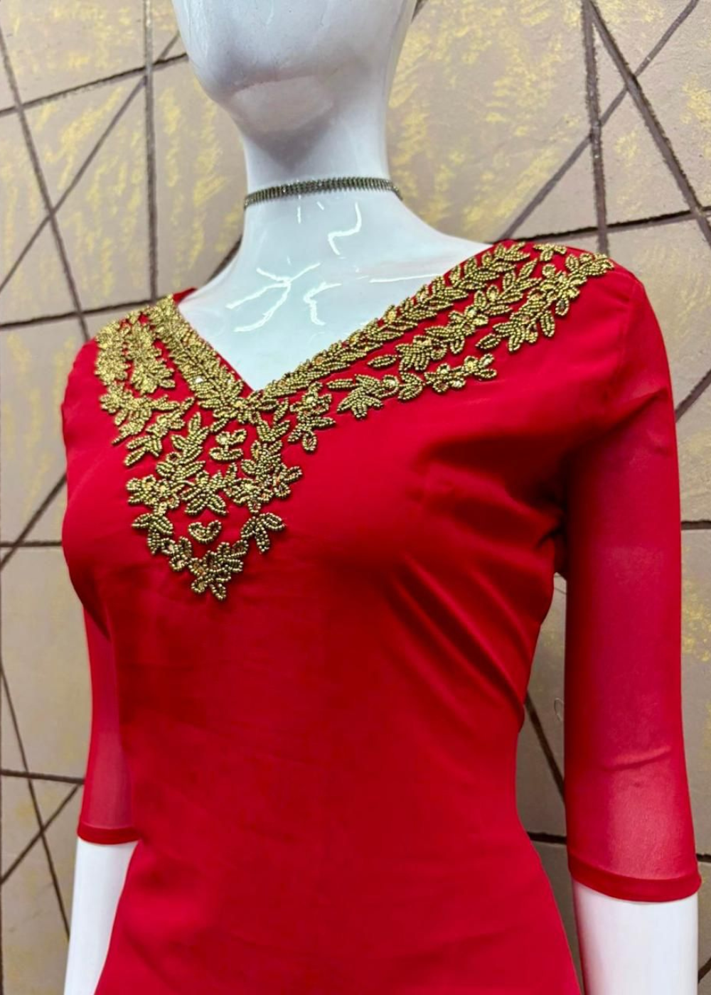 A-Line Kurti with Jewel Haram Neck Pattern