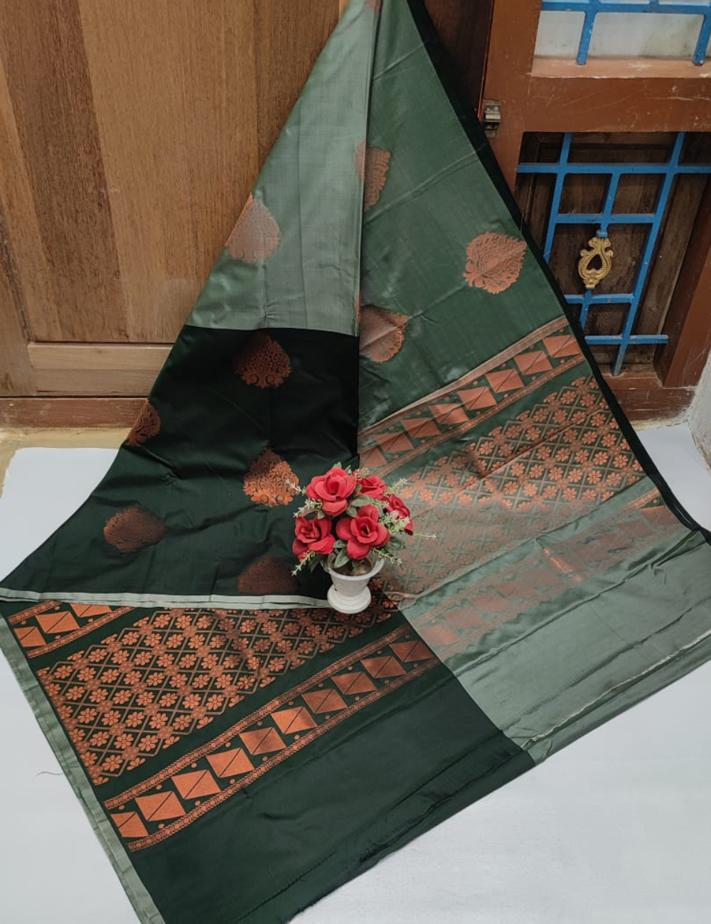 Kanjeevaram Soft Silk Saree – Half & Half Shades of light green with Dark