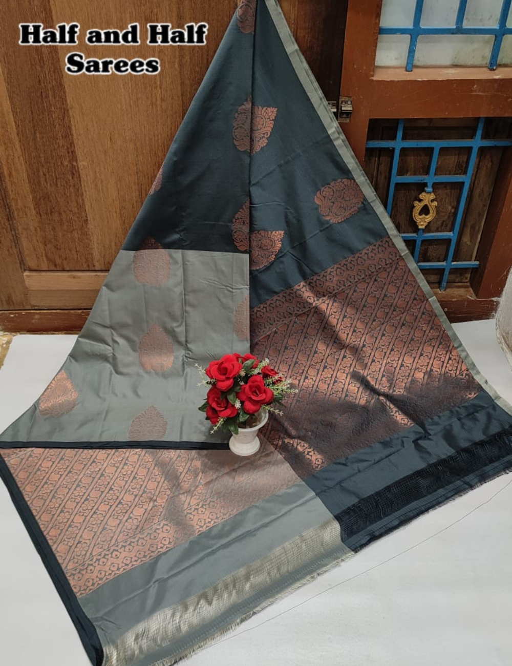 Kanjeevaram Soft Silk Saree – Half & Half Shades of Grey