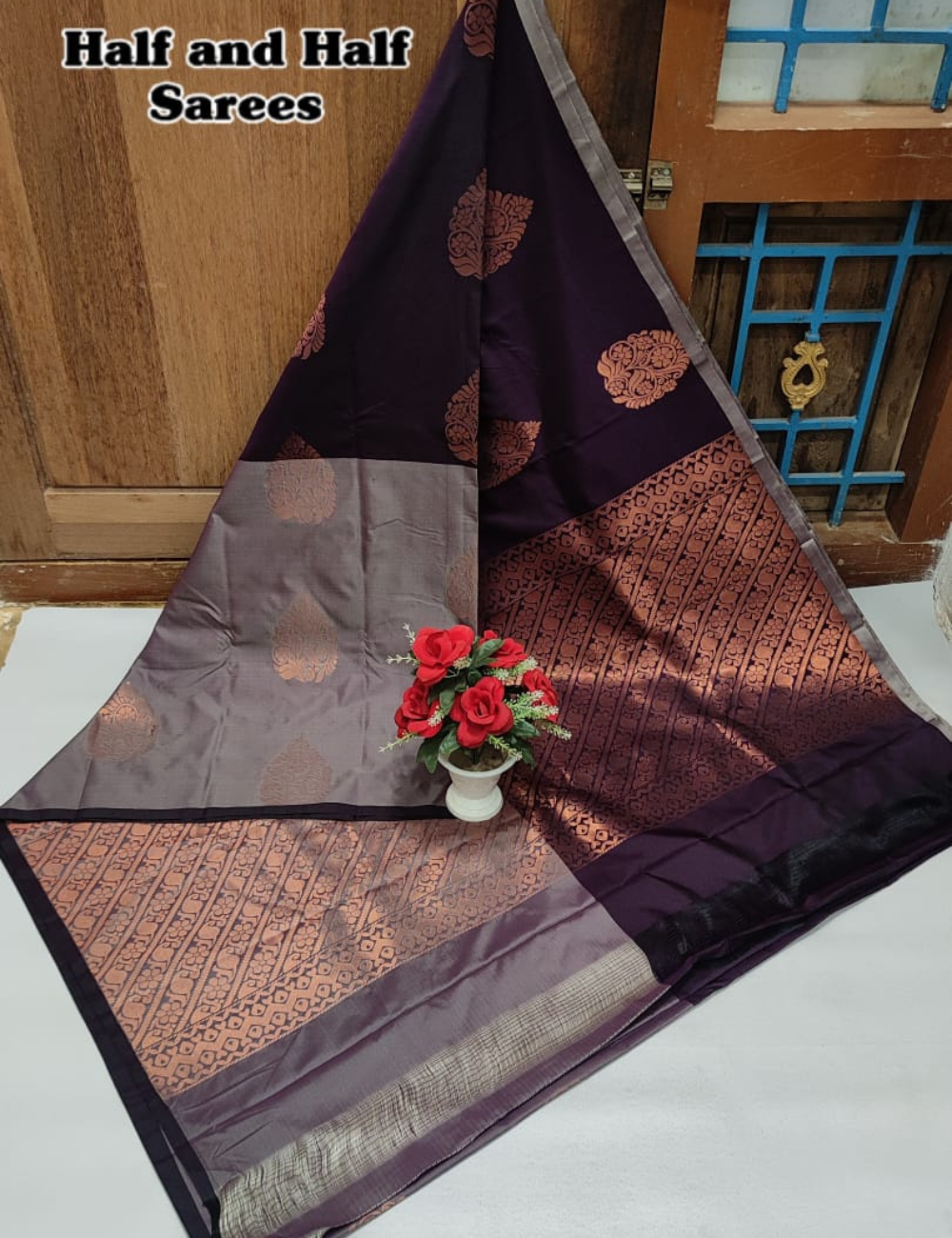 Kanjeevaram Soft Silk Saree – Half & Half Shades of wine color