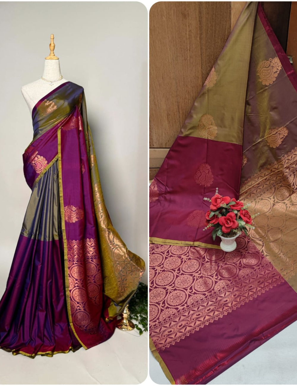 “Kanjeevaram Soft Silk Half & Half Saree – Purple with Ash Elegance”