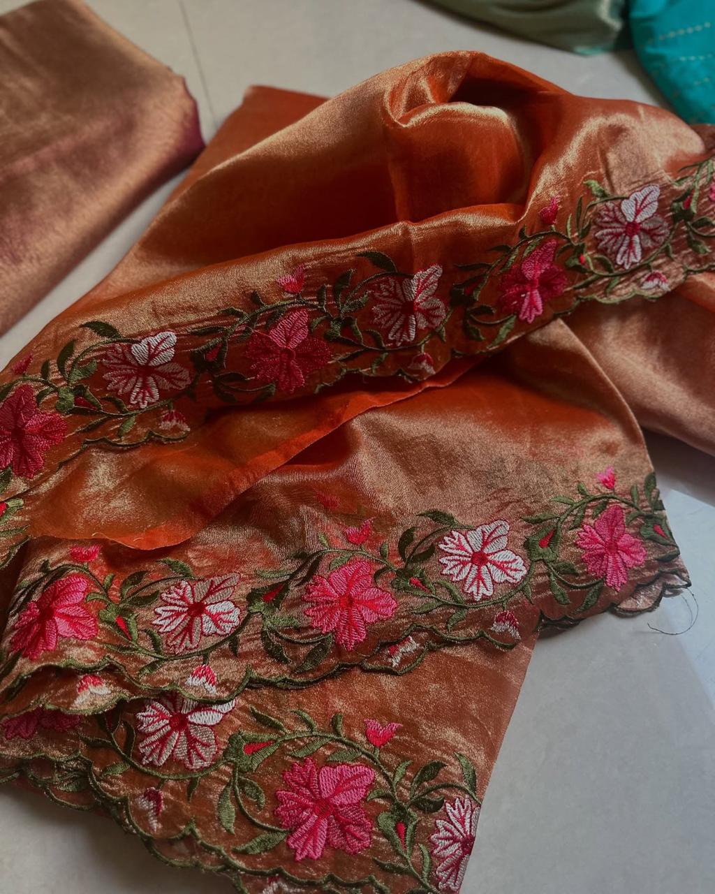 Gold Rush Banarasi Crush Tissue Embroidery Cutwork Saree