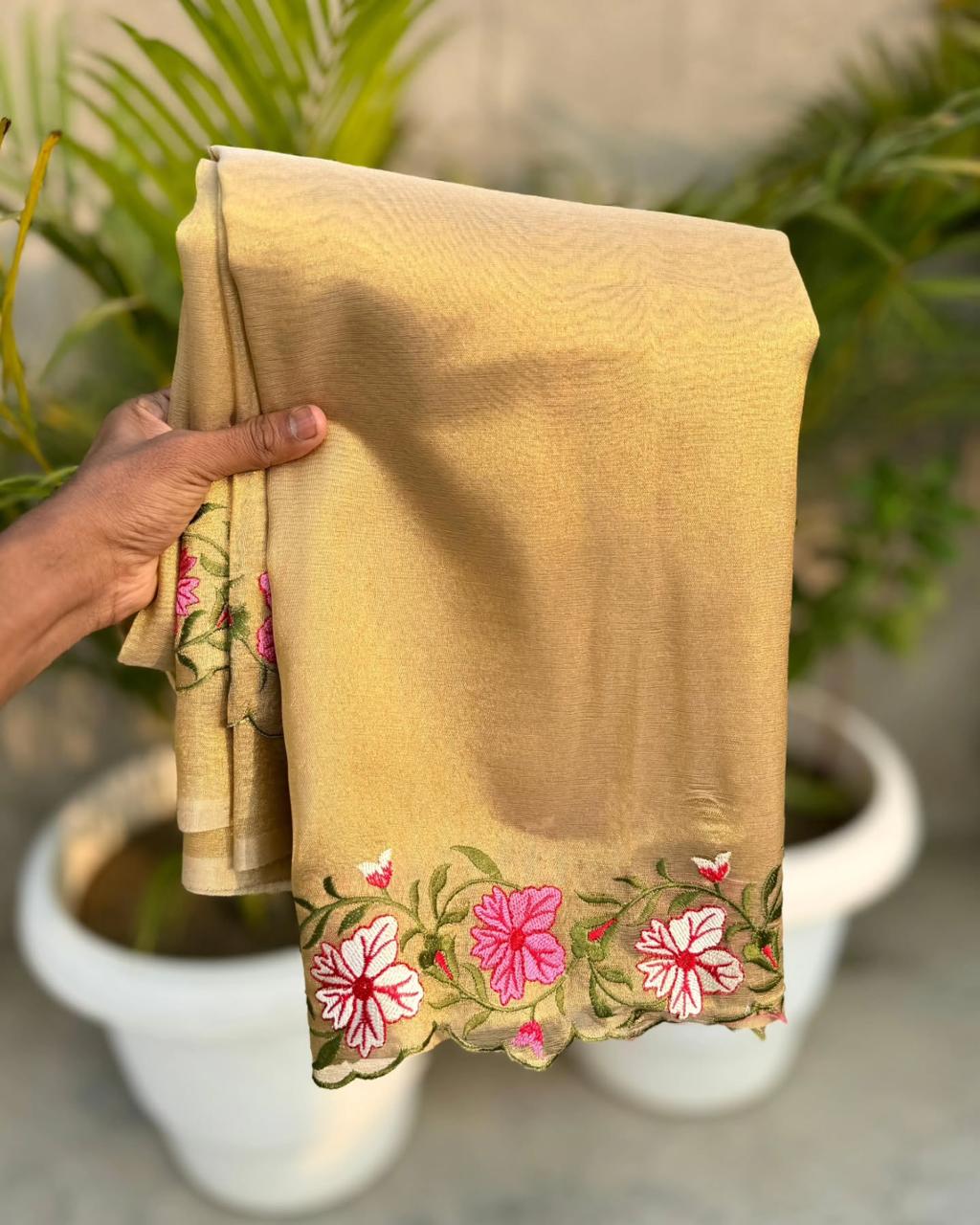 Gold Rush Banarasi Crush Tissue Embroidery Cutwork Saree