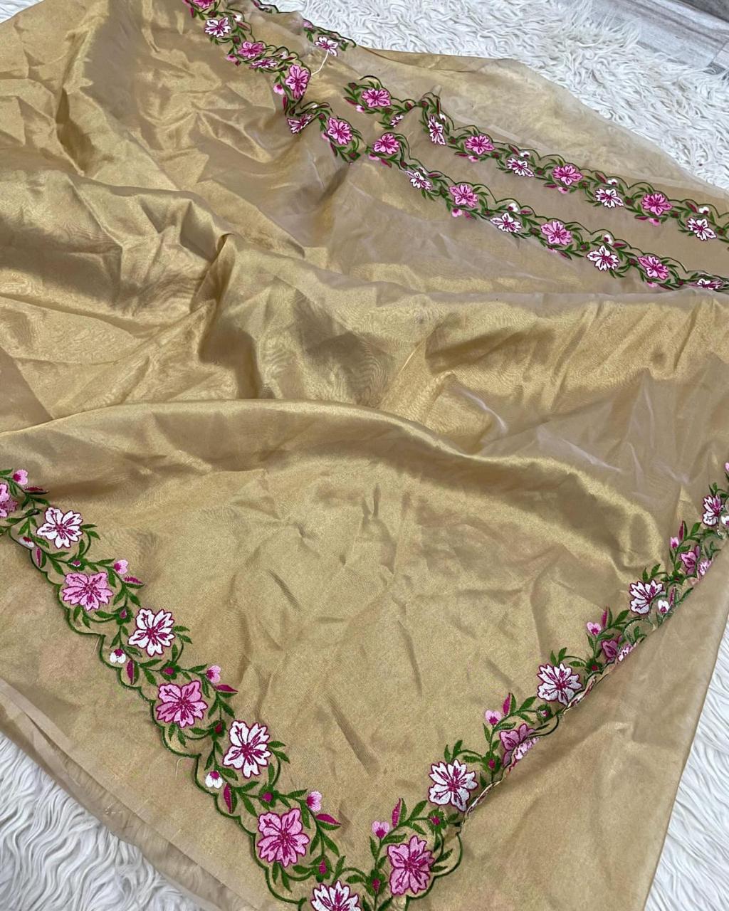 Gold Rush Banarasi Crush Tissue Embroidery Cutwork Saree