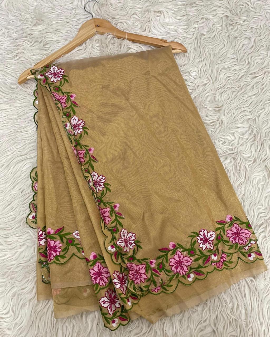 Gold Rush Banarasi Crush Tissue Embroidery Cutwork Saree