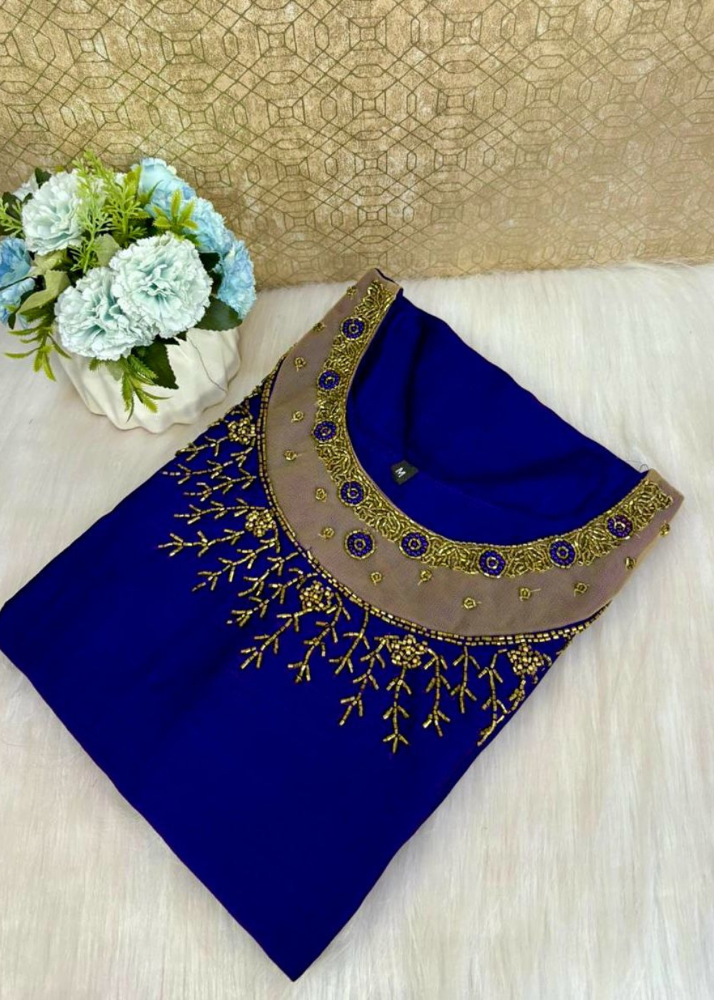 Aariwork Jewel Neck Kurti in Vichithra Silk – Elegant Fusion of Tradition & Style