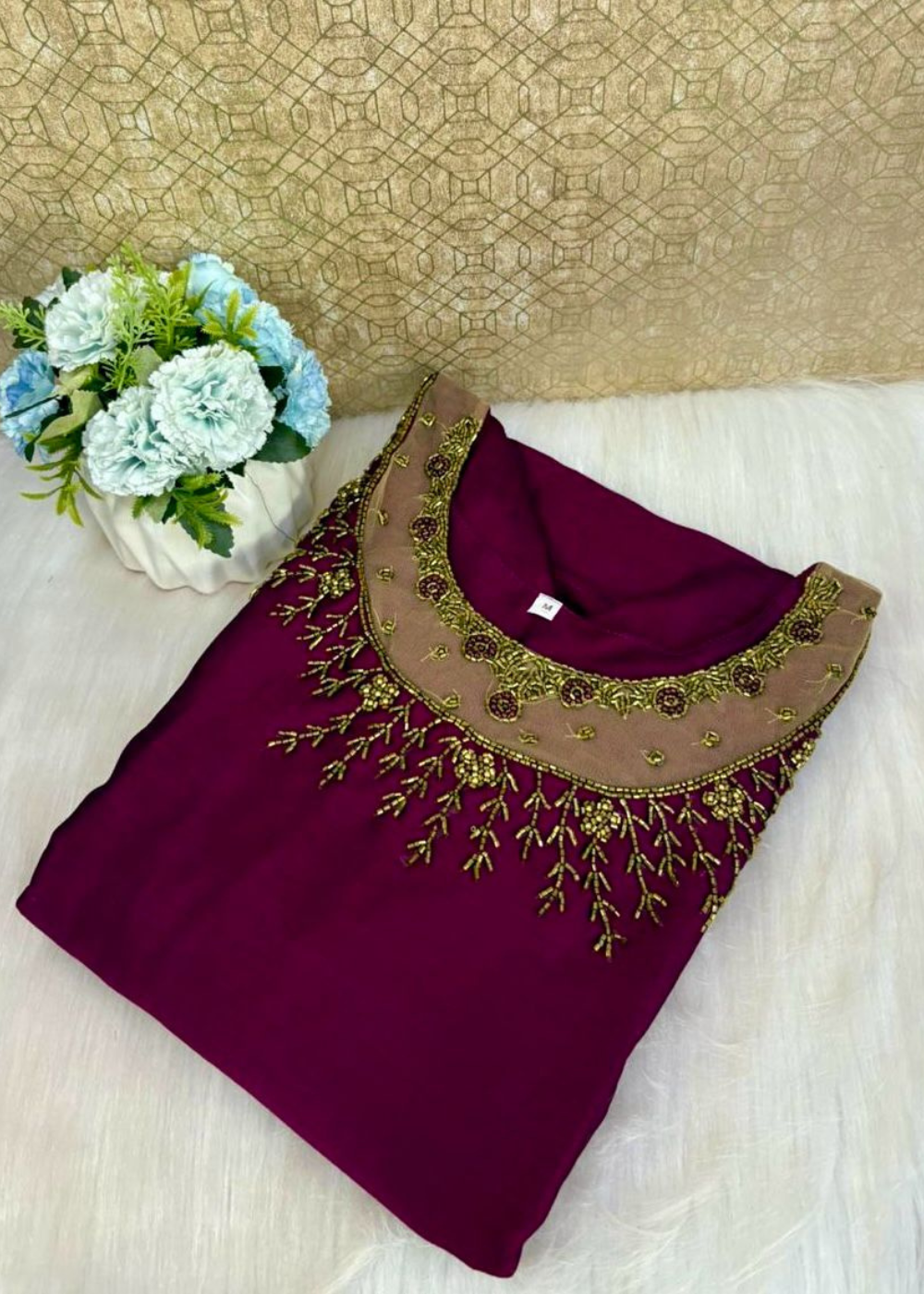 Aariwork Jewel Neck Kurti in Vichithra Silk – Elegant Fusion of Tradition & Style