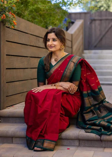 Ruby Maroon Kalyani Cotton Saree with Bottle Green Zari Border