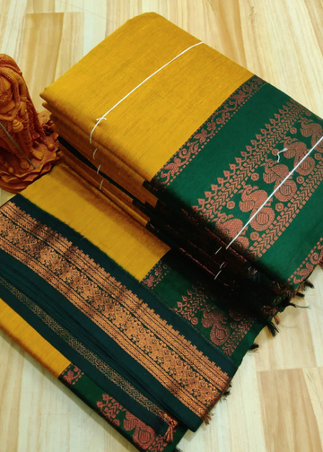 Antique Gold Glowwith Bottle green Kalyani Cotton Saree