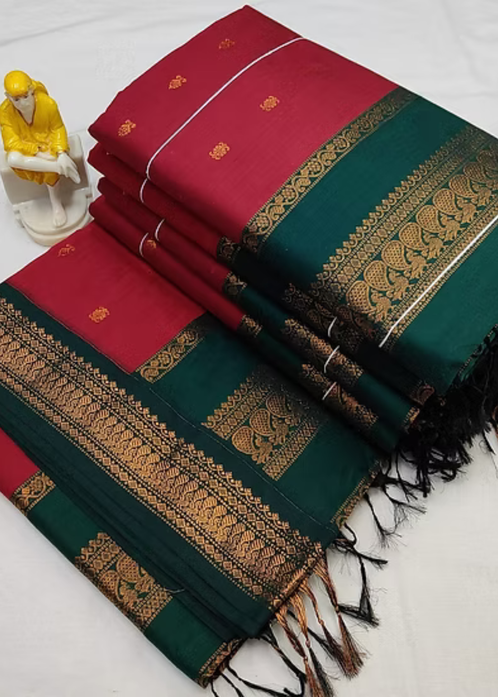 Ruby Maroon Kalyani Cotton Saree with Bottle Green Zari Border