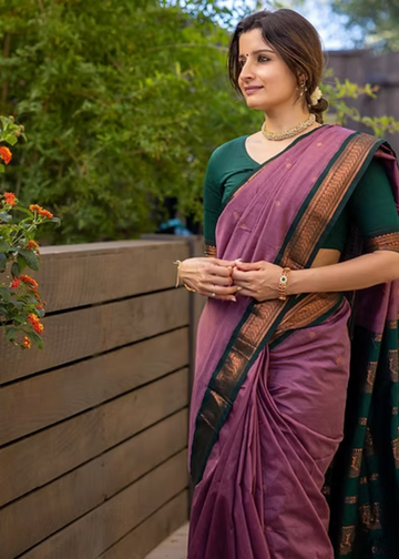 Soft Orchid Kalyani Cotton Saree with Bottle Green Zari Border