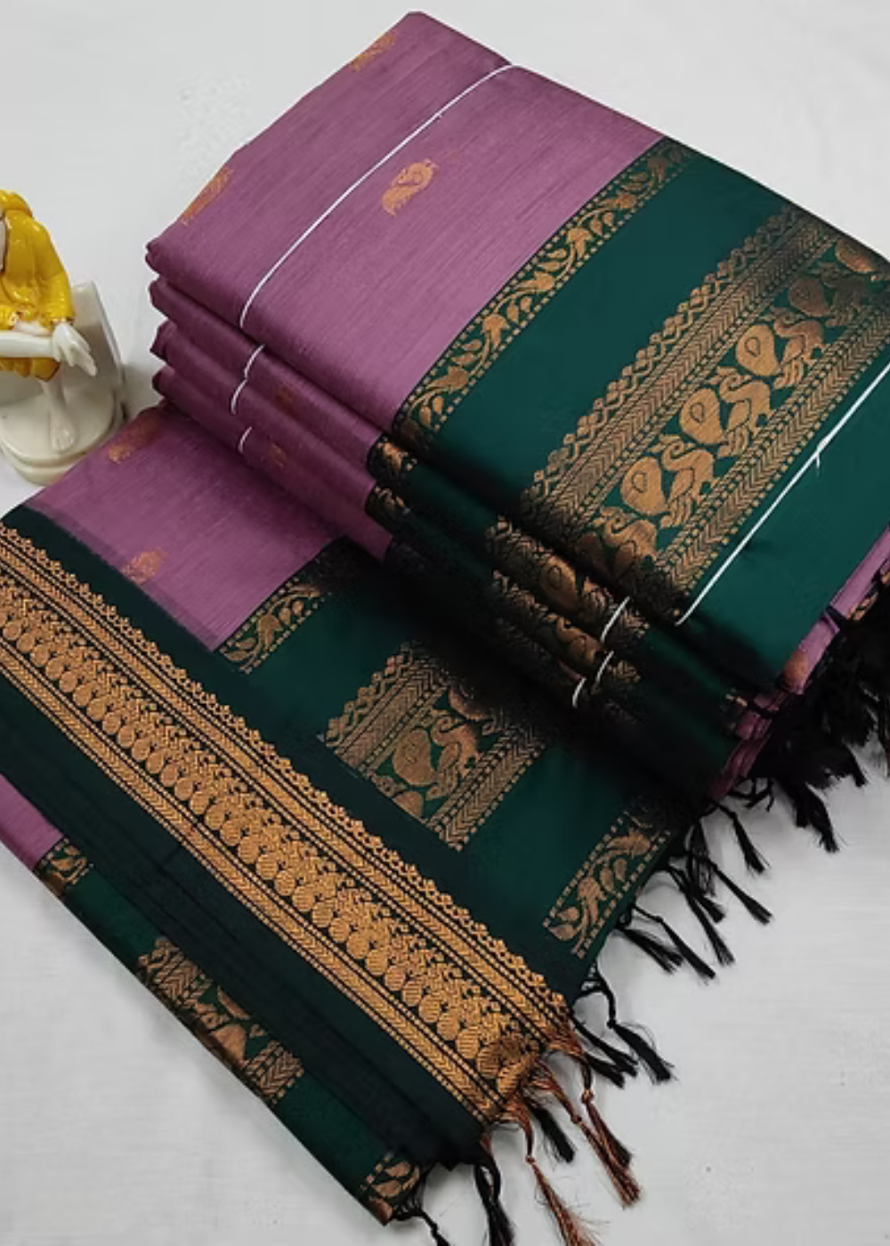 Soft Orchid Kalyani Cotton Saree with Bottle Green Zari Border