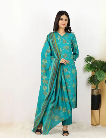 Elegant 3-Piece Turquoise Blue Salwar Kameez Set – Branded & Stylish