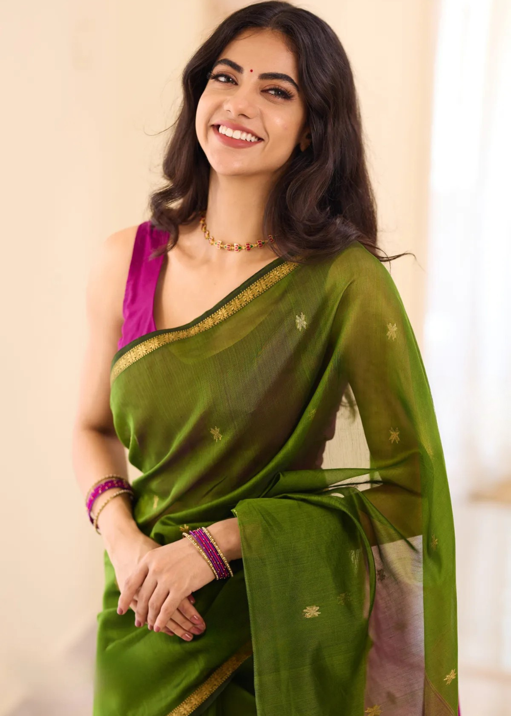 Emerald Green Maheshwari silk cotton Soft saree