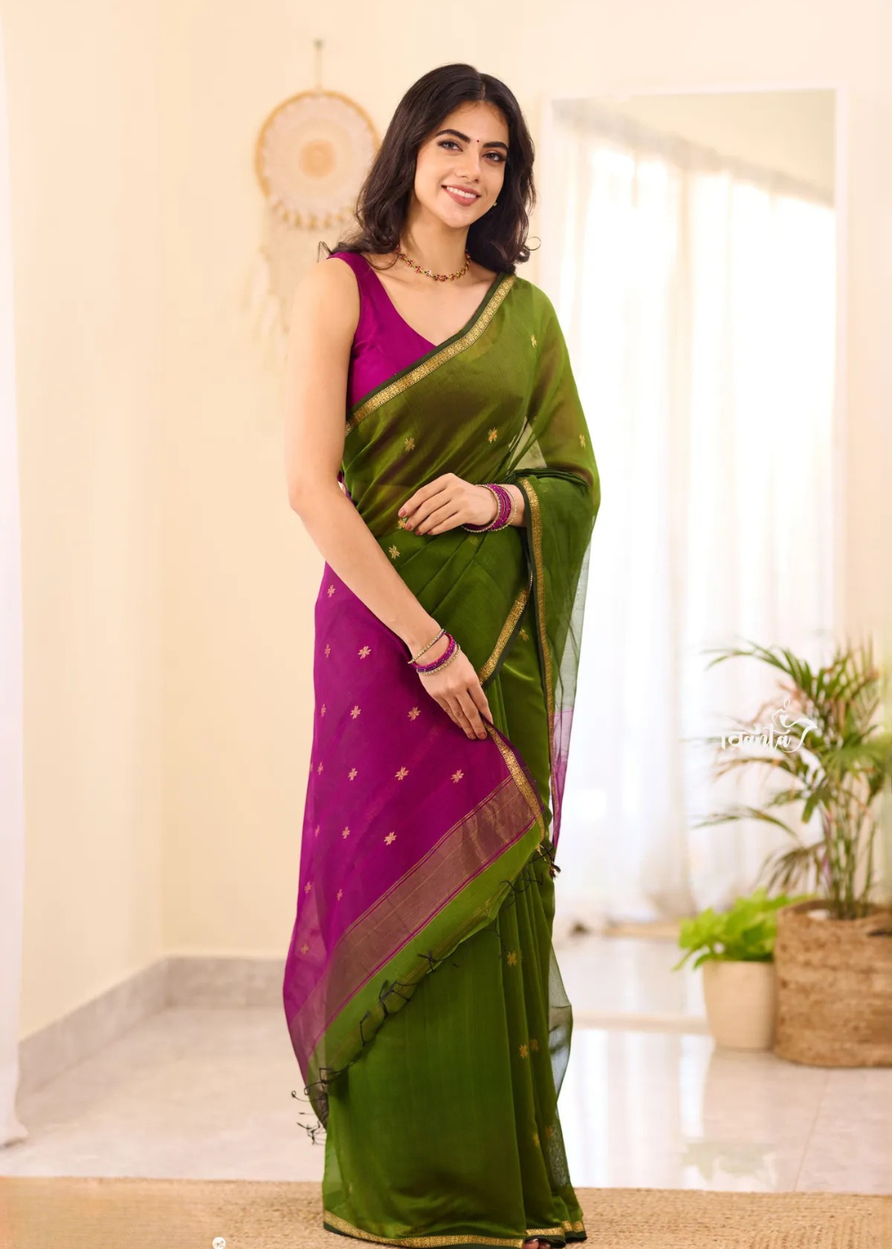Emerald Green Maheshwari silk cotton Soft saree
