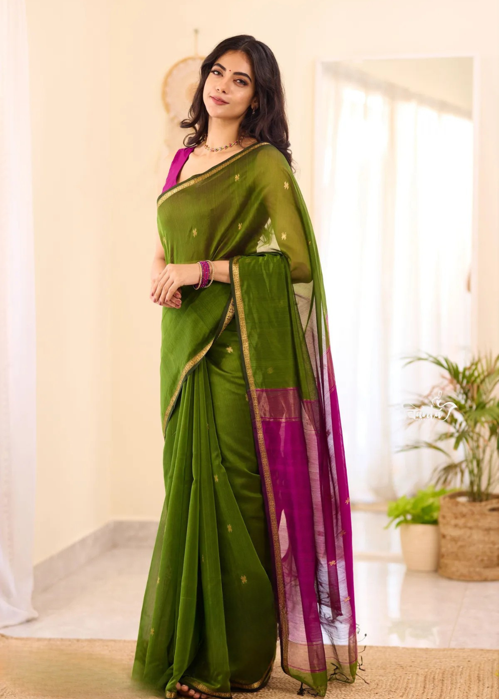 Emerald Green Maheshwari silk cotton Soft saree