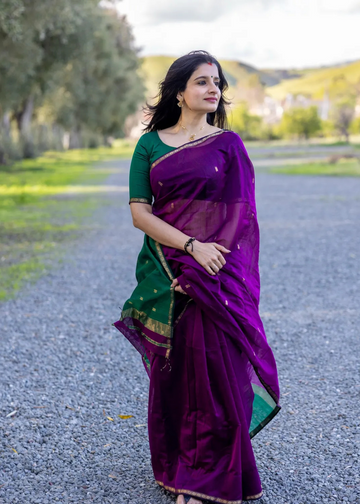 Royal Purple & Bottle Green Maheshwari Silk Cotton Soft Saree