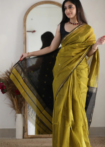 Antique Gold Olive Maheshwari Silk Cotton Soft Saree