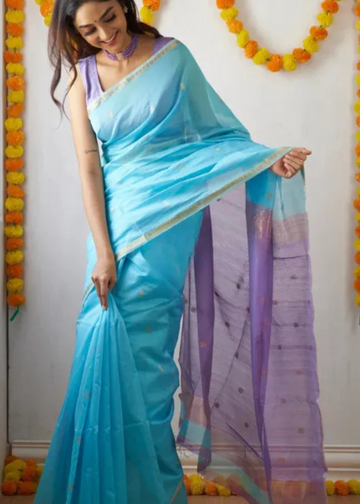 Elegant Aqua Blue Maheshwari Silk Cotton Soft Saree