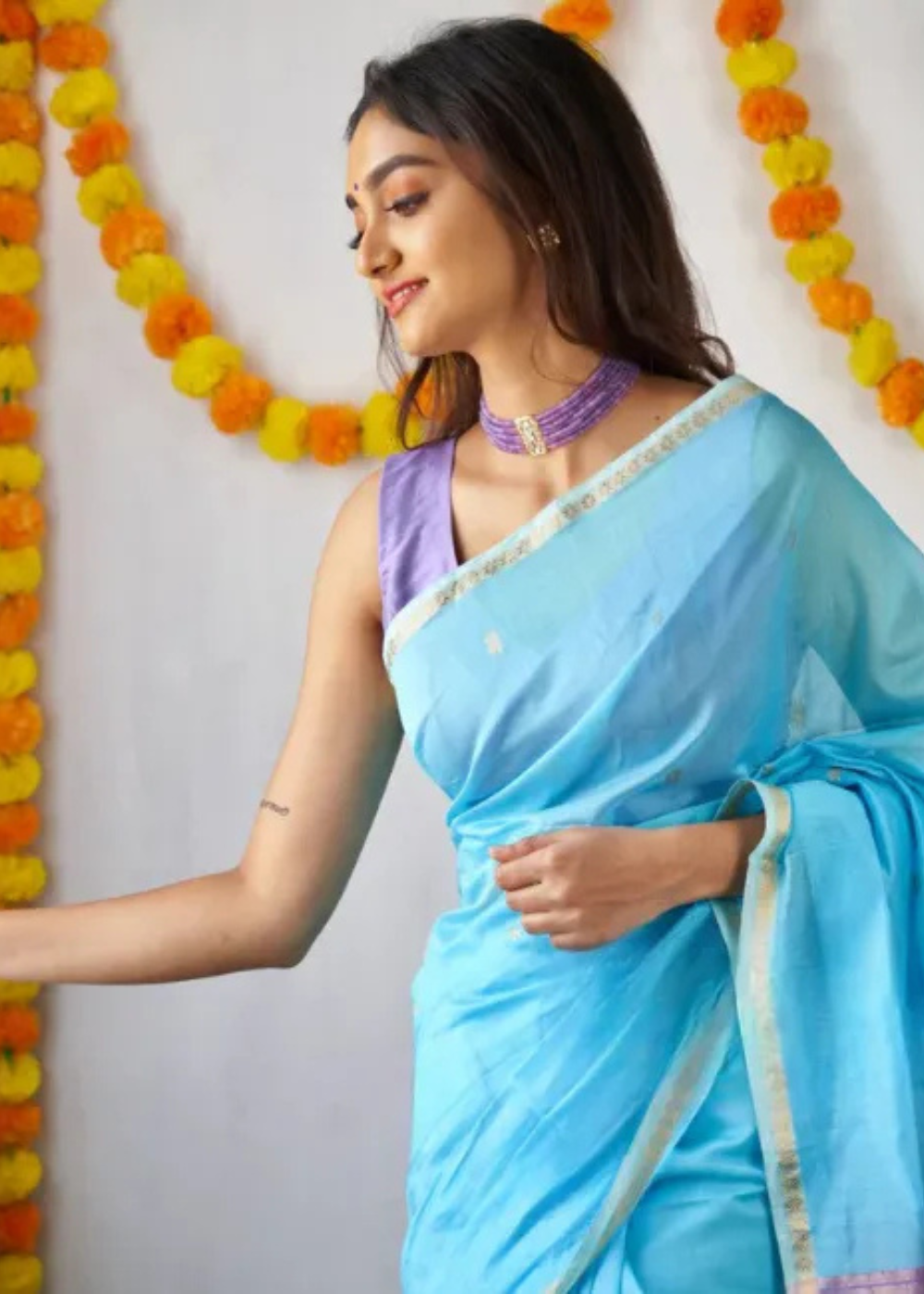 Elegant Aqua Blue Maheshwari Silk Cotton Soft Saree