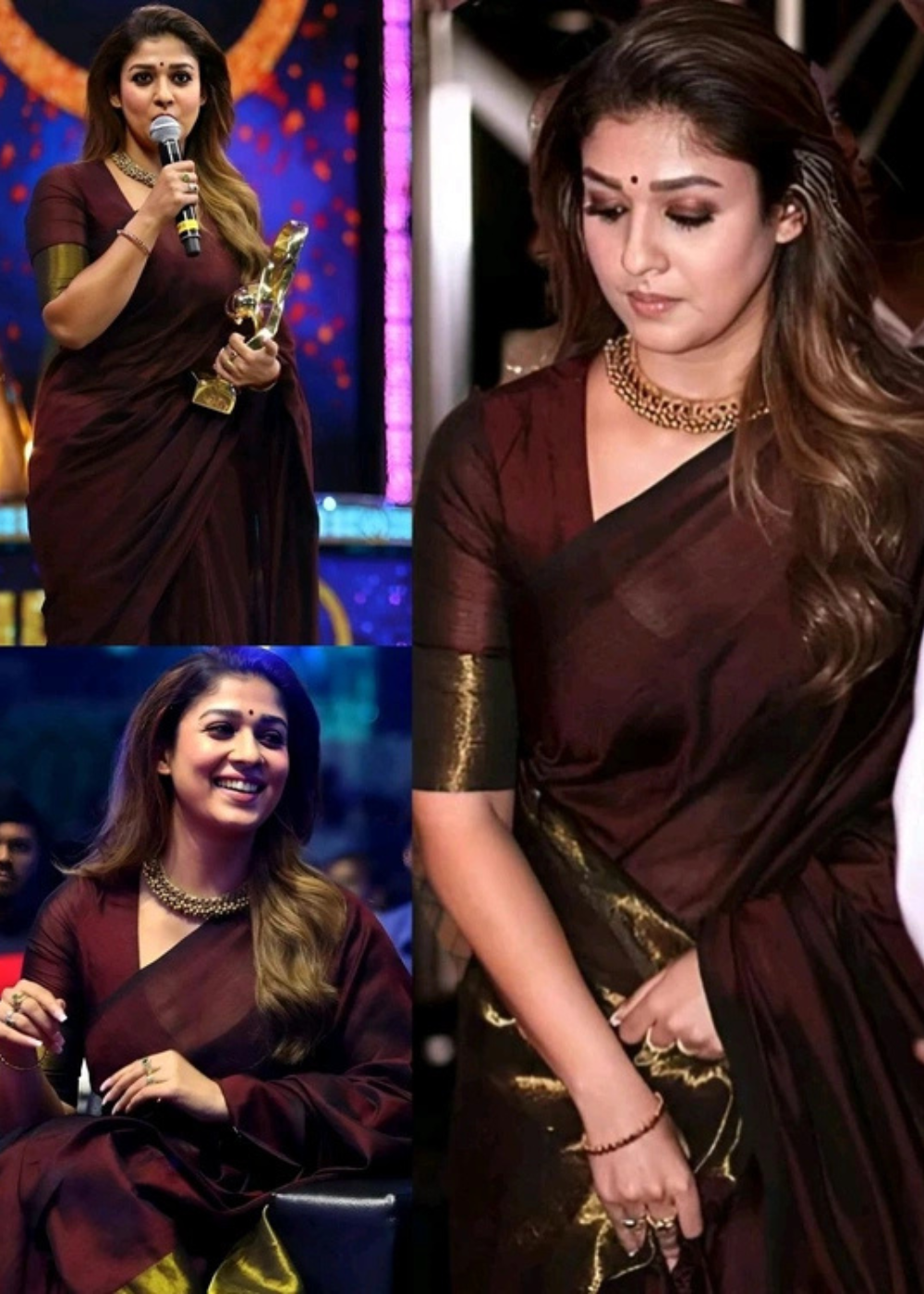 Nayanthara Maroon Handloom Saree with Gold Zari Pallu
