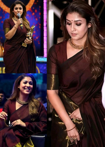 Nayanthara Maroon Handloom Saree with Gold Zari Pallu