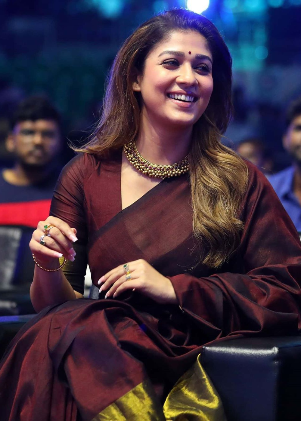 Nayanthara Maroon Handloom Saree with Gold Zari Pallu