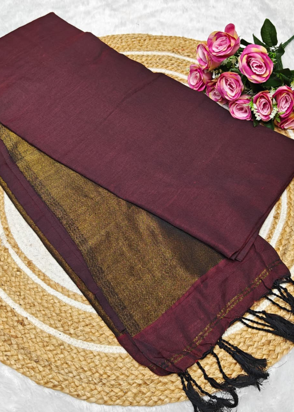 Nayanthara Maroon Handloom Saree with Gold Zari Pallu