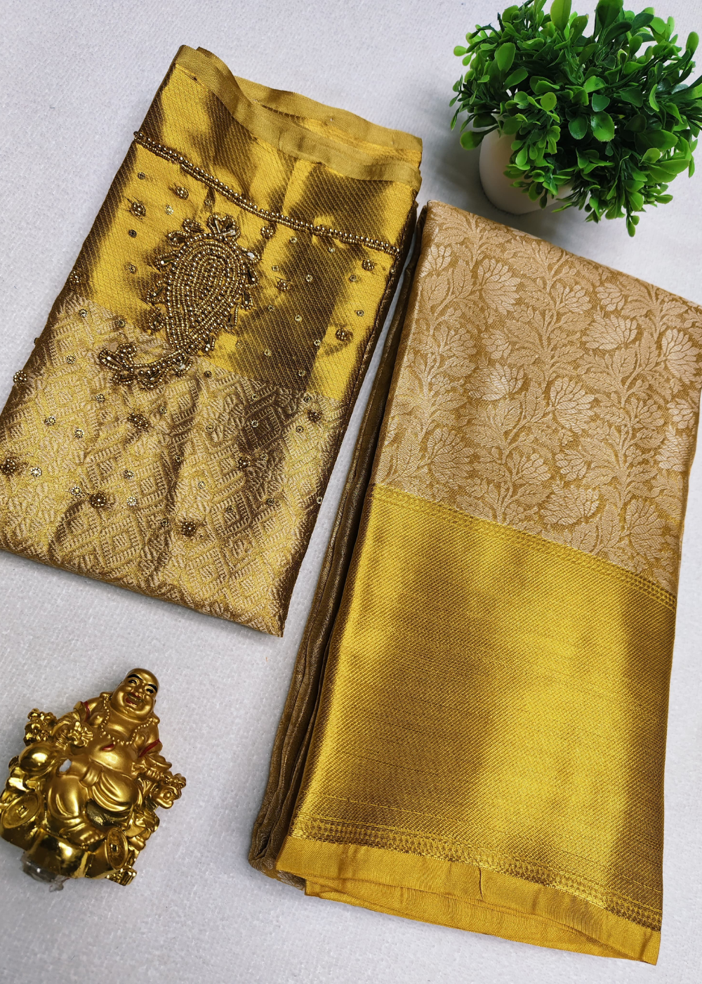 Nita Ambani inspired Gold Color Banarasi with Aariwork Blouse Tissue Silk Saree