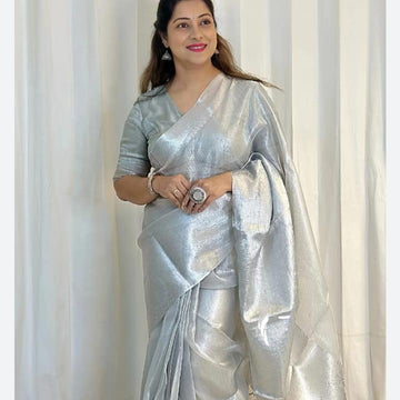 "Silver Banarasi Tissue Silk Saree"