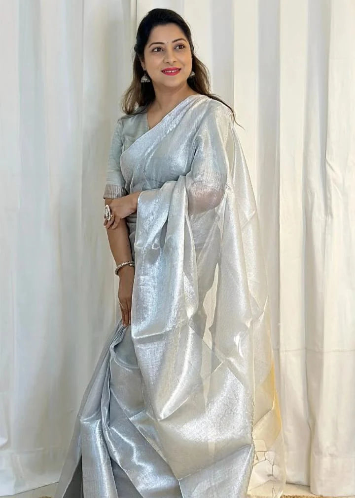 "Silver Banarasi Tissue Silk Saree"