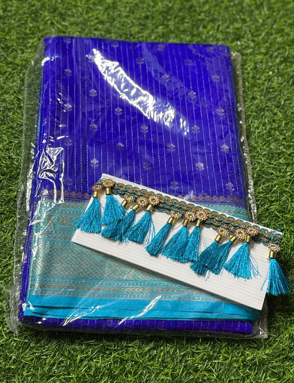 "Blue Banarasi Kathan Gorgette Silk Saree with free Tassel"