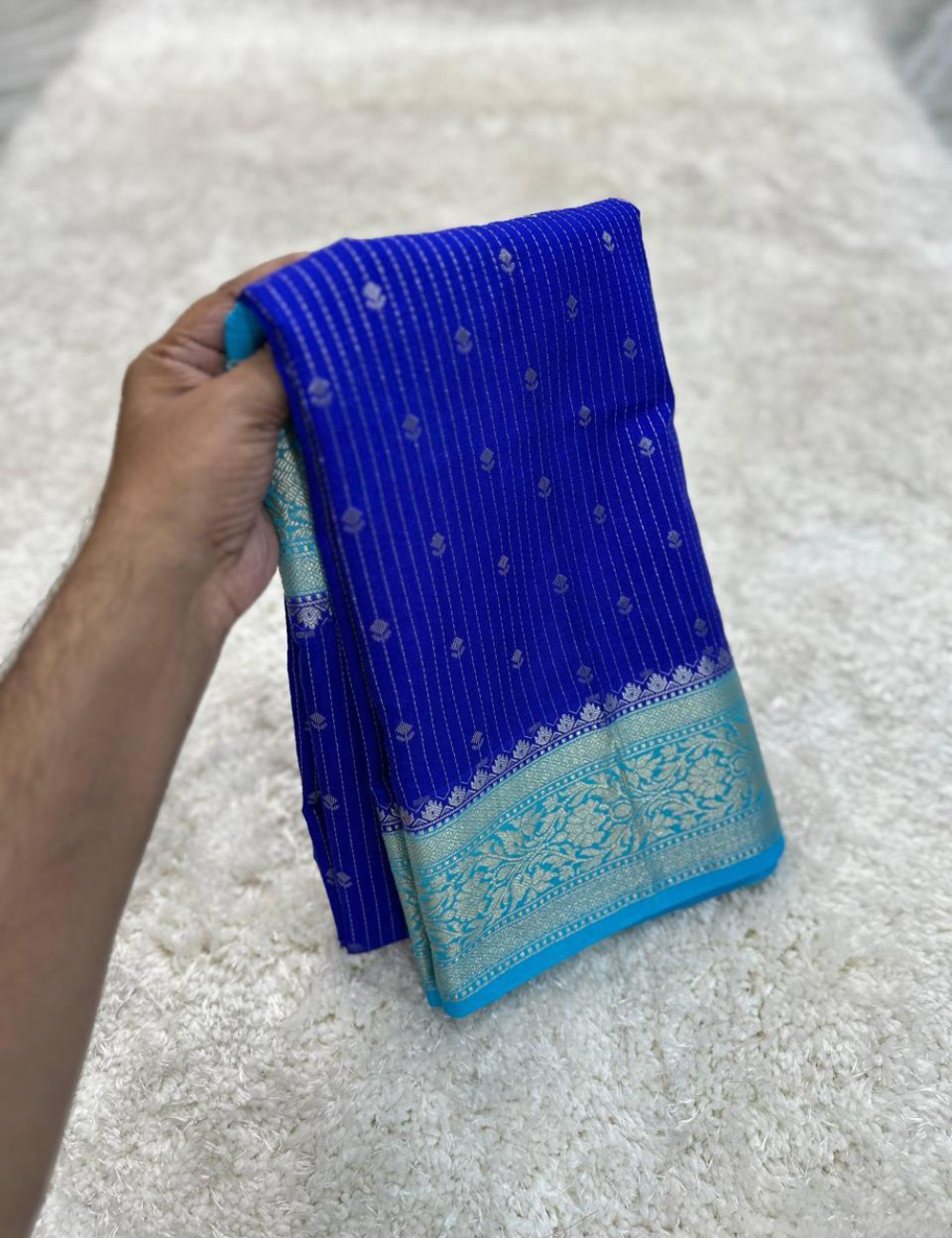 "Blue Banarasi Kathan Gorgette Silk Saree with free Tassel"