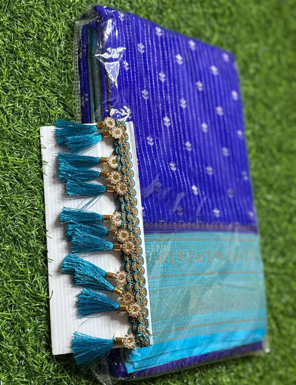 "Blue Banarasi Kathan Gorgette Silk Saree with free Tassel"