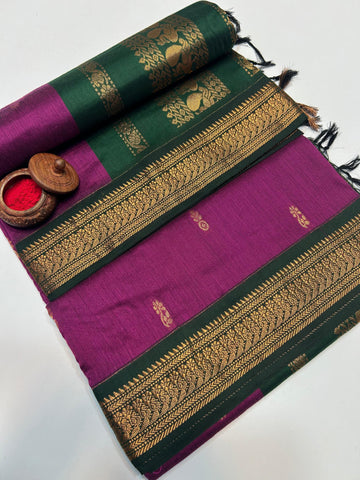 Elegant Magenta with Green Border Kalyani Cotton Saree