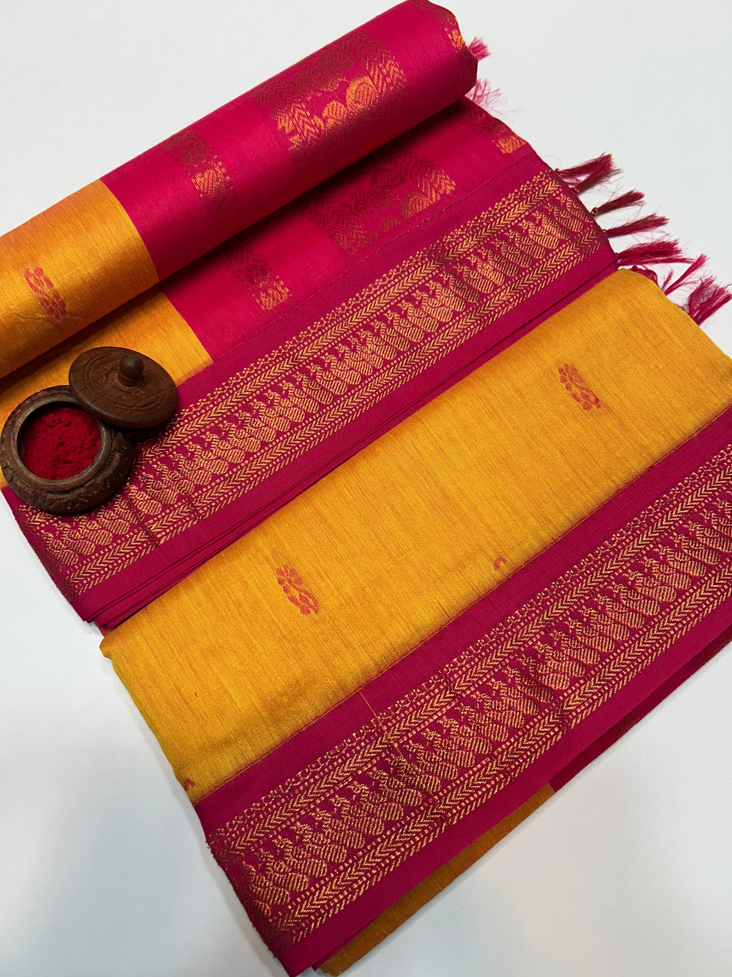 Yellow Kalyani Cotton Saree with Maroon Zari Border