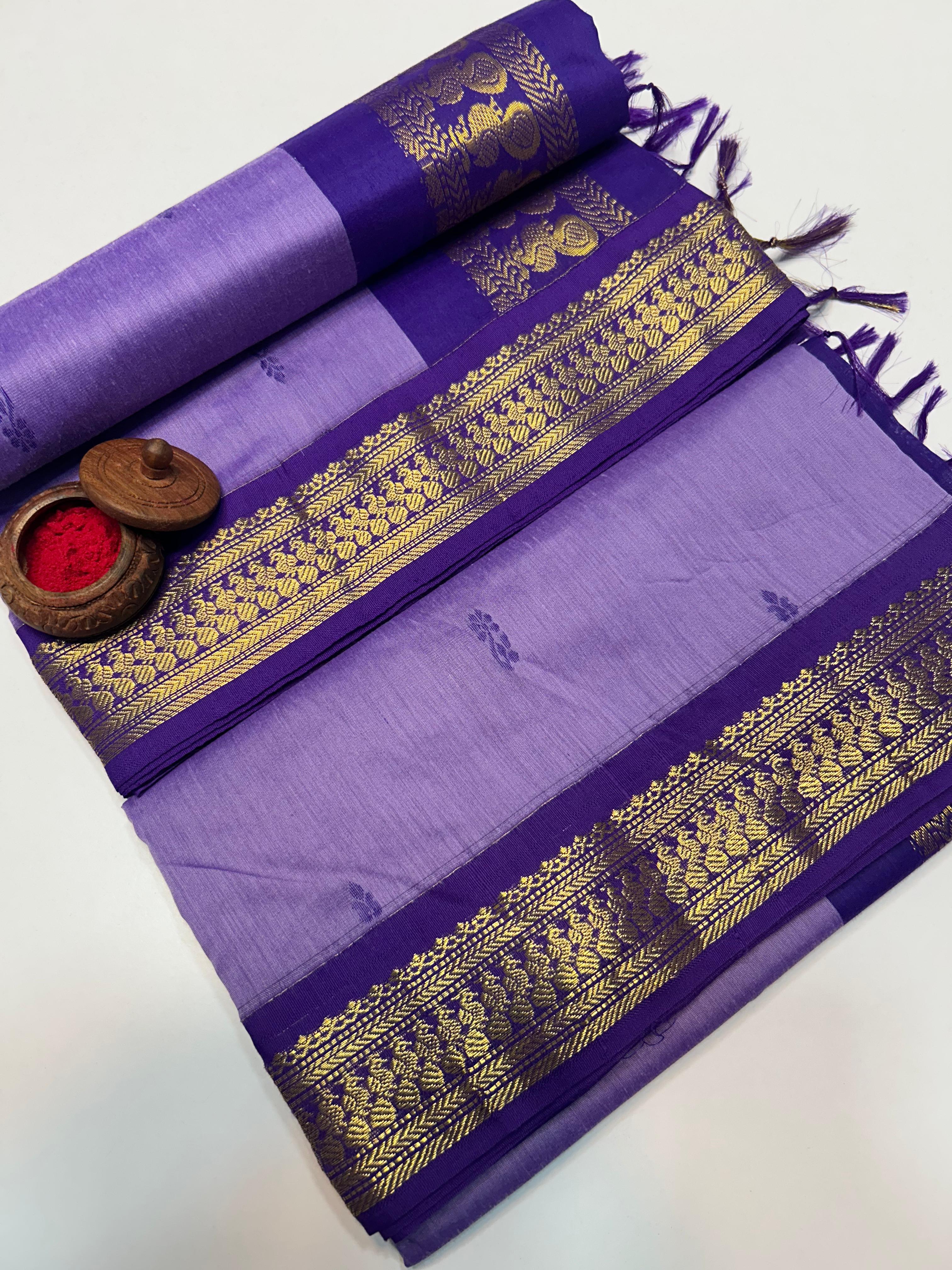Lavender Kalyani Cotton Saree with Royal Blue Zari Border