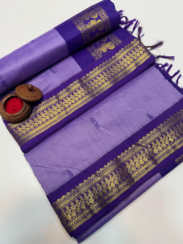 Lavender Kalyani Cotton Saree with Royal Blue Zari Border