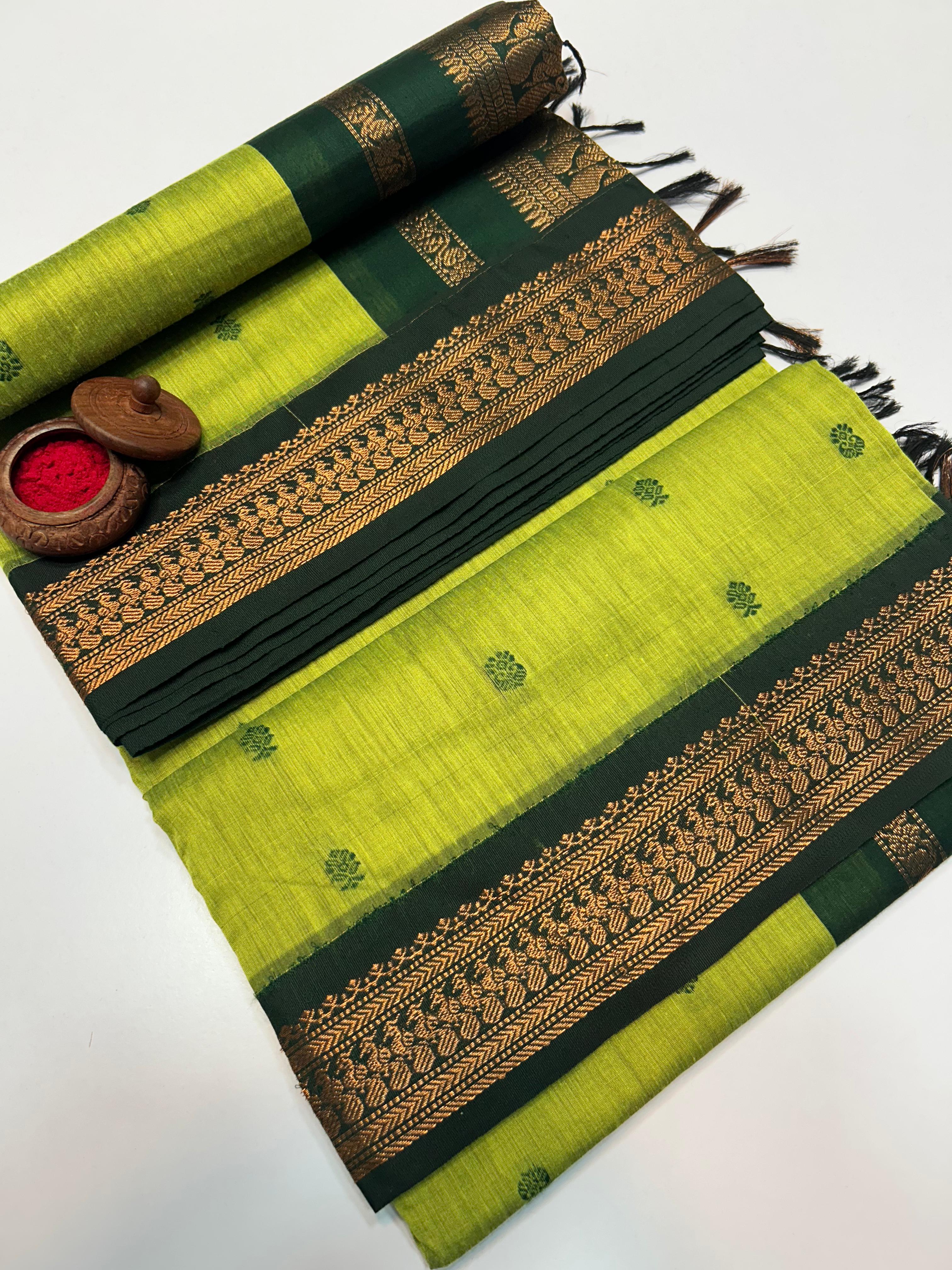 Light Green Kalyani Cotton Saree with Black Zari Border