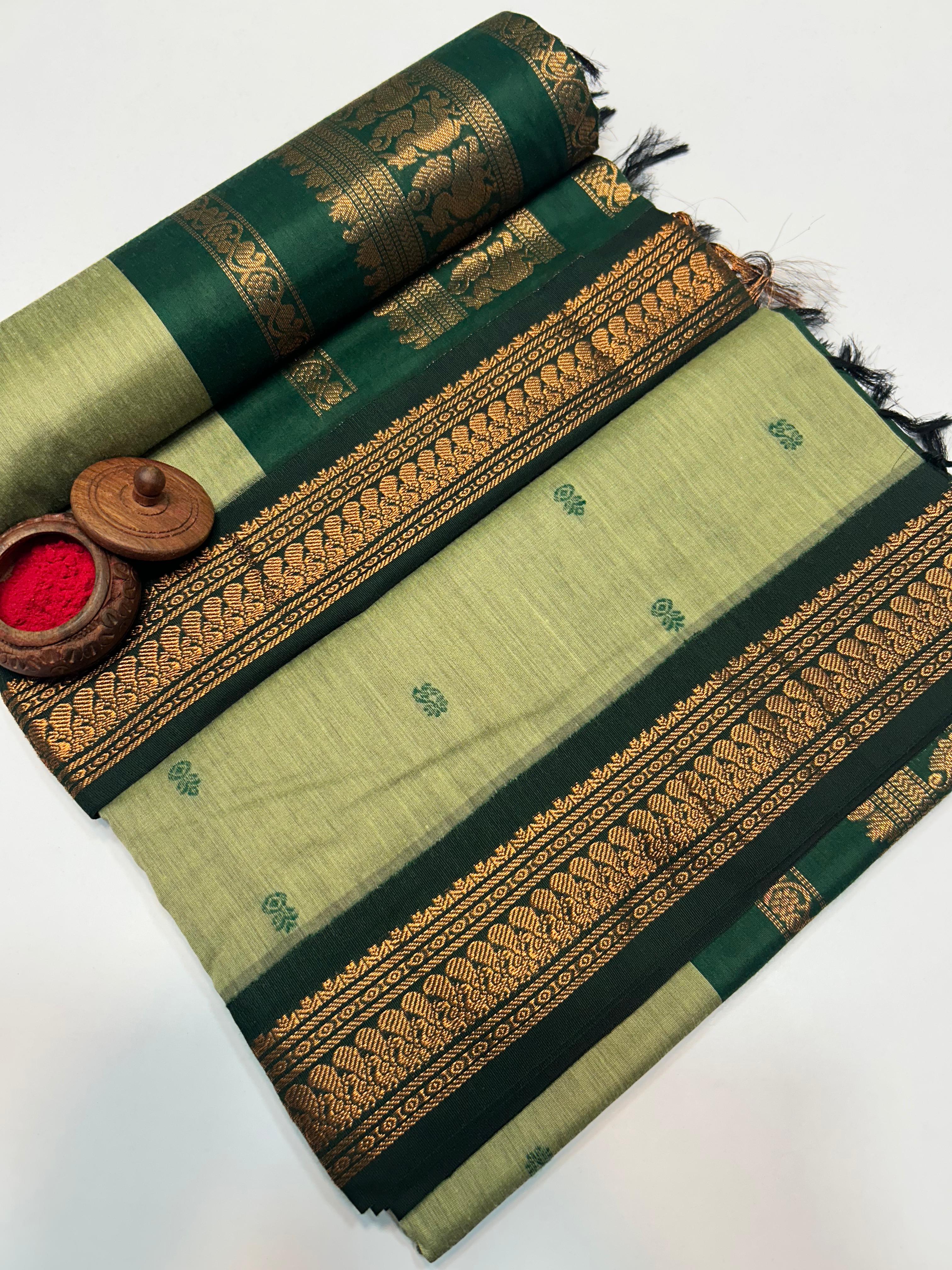 Olive Green Kalyani Cotton Saree with Subtle Green Zari Border