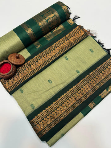 Olive Green Kalyani Cotton Saree with Subtle Green Zari Border