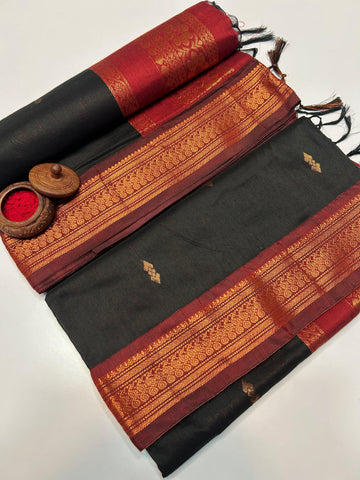 Brown Kalyani Cotton Saree with Red Zari Border