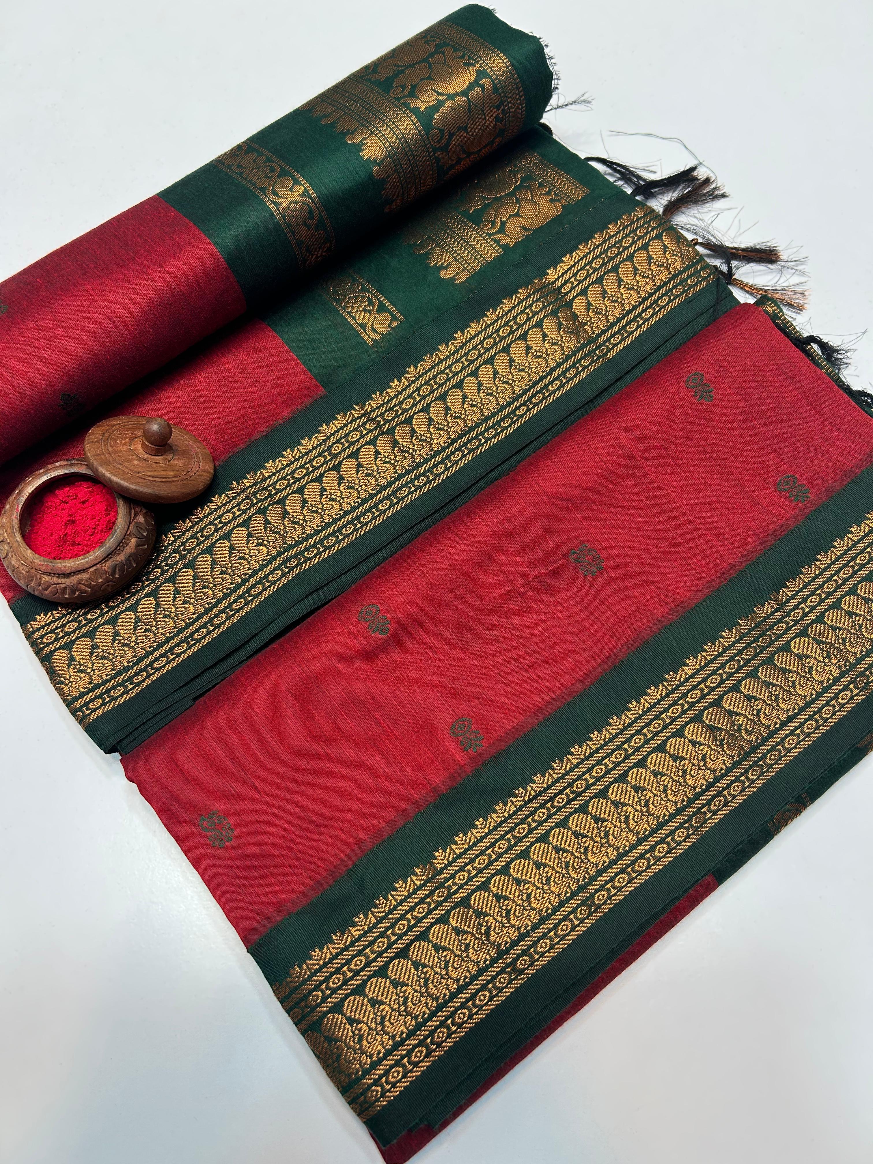 Orange Kalyani Cotton Saree with Green Zari Border