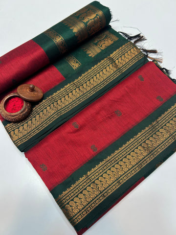 Orange Kalyani Cotton Saree with Green Zari Border
