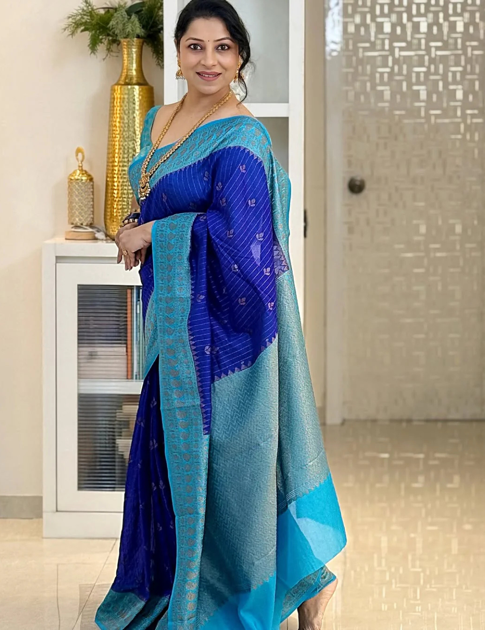 "Blue Banarasi Kathan Gorgette Silk Saree with free Tassel"