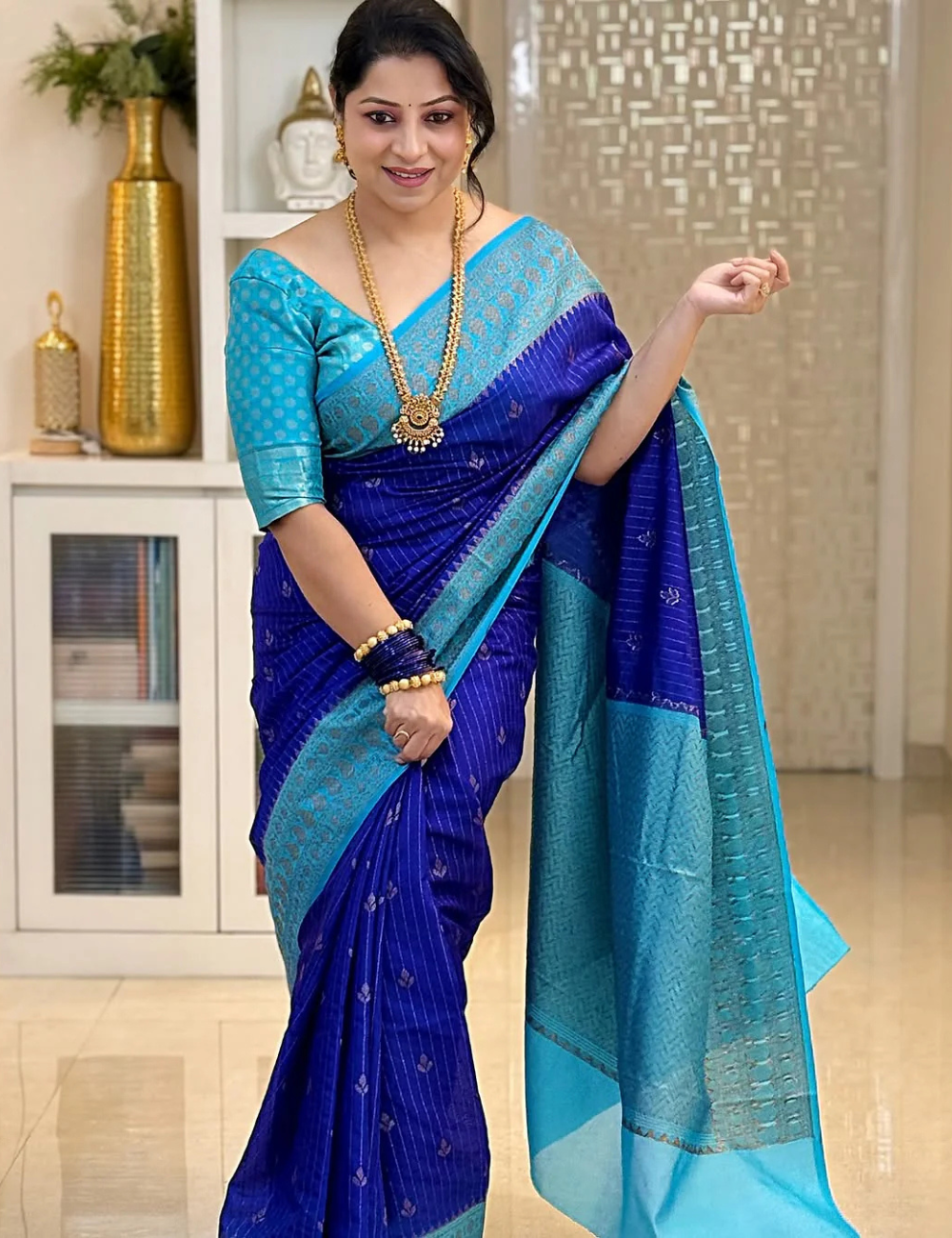 "Blue Banarasi Kathan Gorgette Silk Saree with free Tassel"